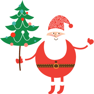 cartoon illustration of santa holding a decorated christmas tree