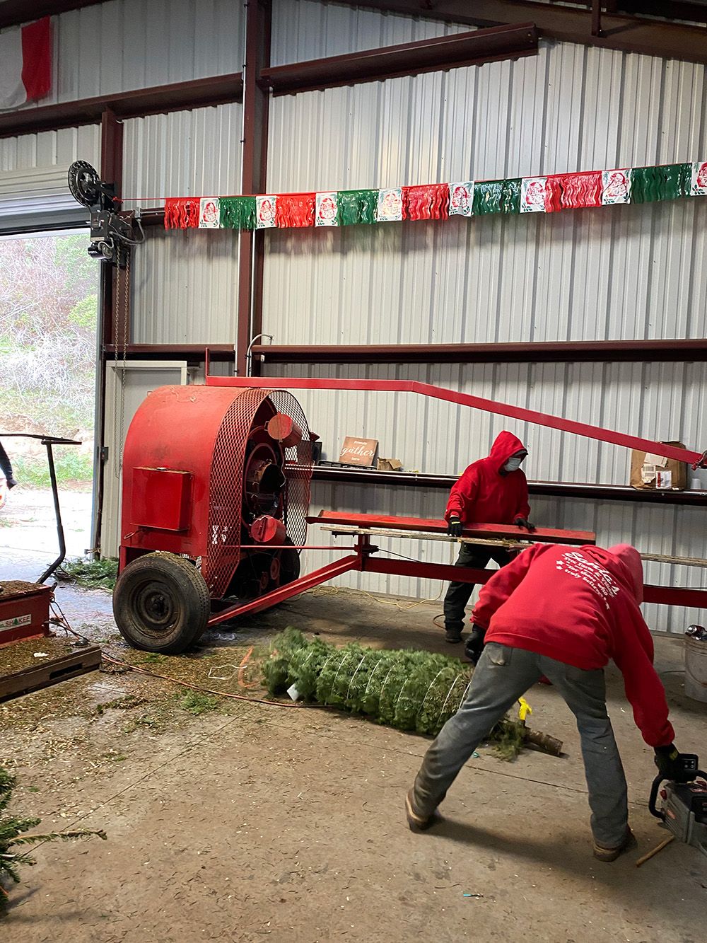 workers in red sweatshirts preparing to hoise a tree into the netting machine