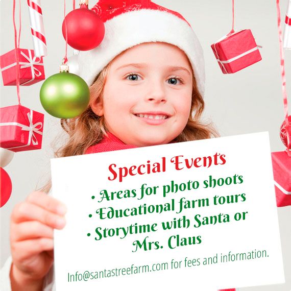 girl in santa hat holding a sign that says “Special Events: Areas for photo shoots, Educational farm tours, Storytime with Santa or Mrs. Claus. Email us for information.